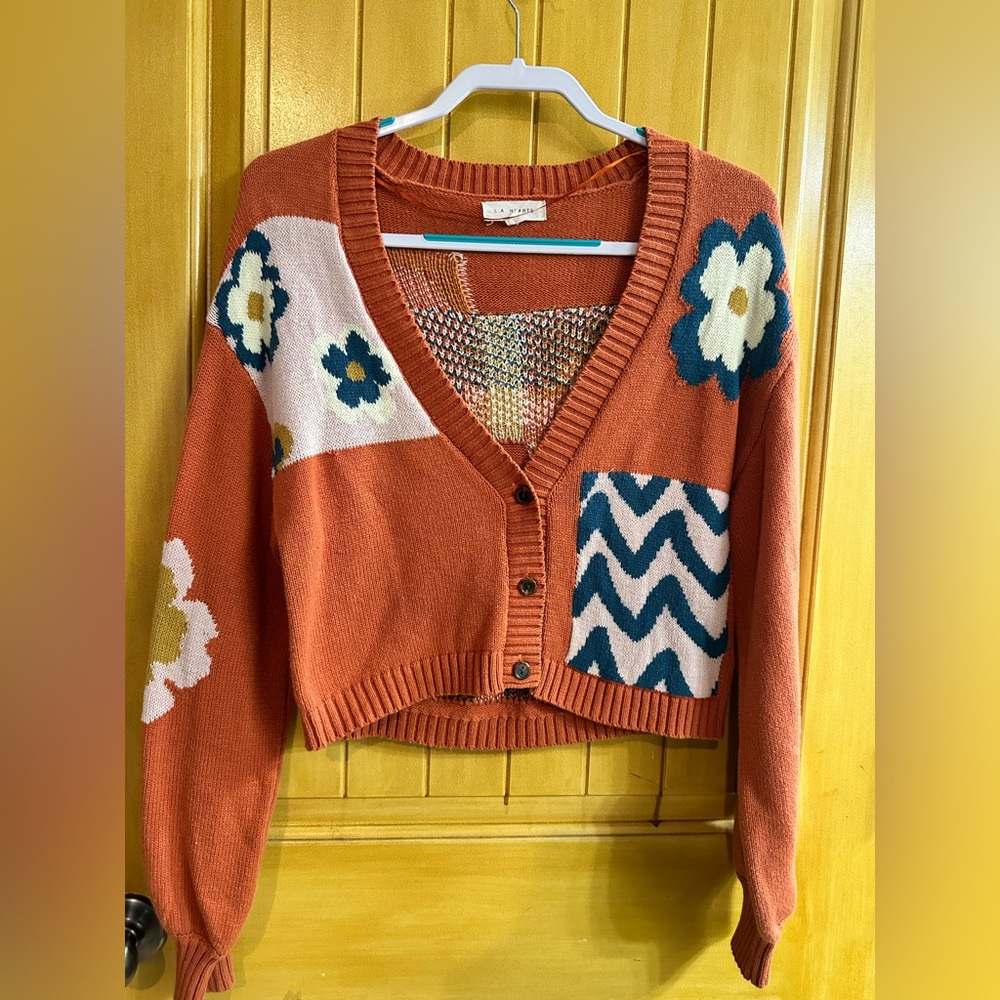 La Hearts Rust Orange Floral Cropped Cardigan Sweater